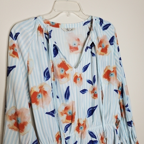 Tucker Blue V Neck Striped Floral Print Silk Tie Neck Party Blouse Top - Picture 5 of 11